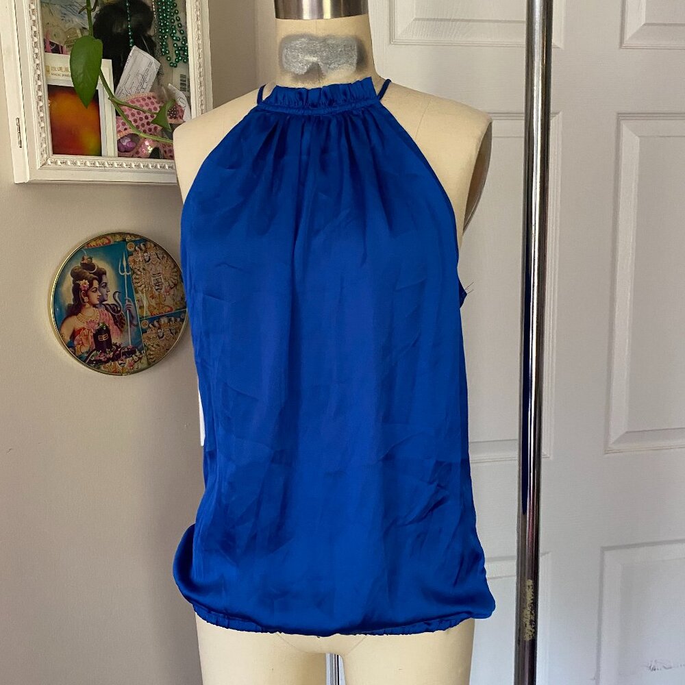 VIOLET & CLAIRE Indigo satin Smoked High Halter Neck Cocktail Tank *SMALL*